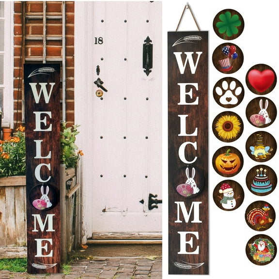Vertical Welcome Sign for Front Door Porch Standing with 12 Seasonal Signs 47 Inch Tall Brown