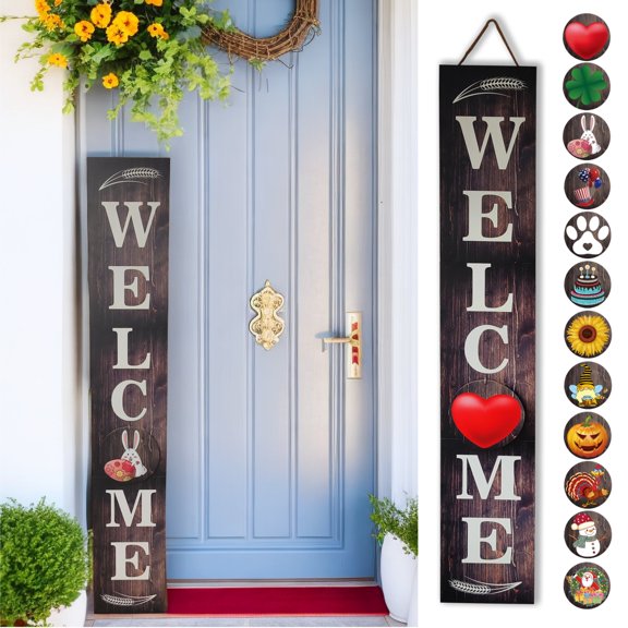 Vertical Welcome Sign for Front Door Porch Standing with 12 Seasonal Signs 47 Inch Tall Gray