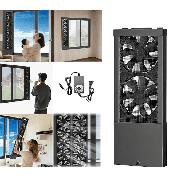 Vertical Window Exhaust Fan for Sliding Windows, Adjustable Height (13.7"-31.7"), Slim " Profile, Tool-Free Setup, Multi-Fan Exhaust Ventilation for Home, Kitchen, Bedroom (Black)