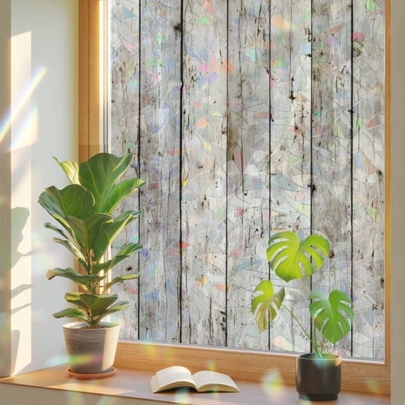 Vertical Wood Grain Window Privacy Film, Farmhouse Rustic Beige Grey Wooden Stripes Stained Glass Rainbow Film Decorative Window Clings, Static Cling Sun Blocking Stickers 17.7" x 39.3"