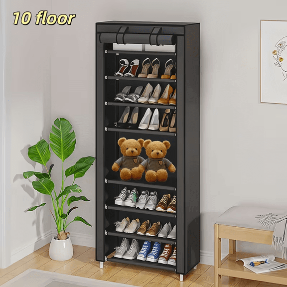 Vertical narrow shoe rack storage unit, with a 10-layer height, can hold 20-22 pairs of shoes. Comes with a non-woven fabric dust cover. The entrance is black.