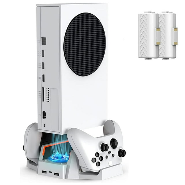 Vertical stand with cooling fan for Xbox Series S,with Dual Cooling Fan 3 Level Adjustable Speed, Dual Controller Charger with LED Indicator USB Port - 2 x 800mAh Rechargeable