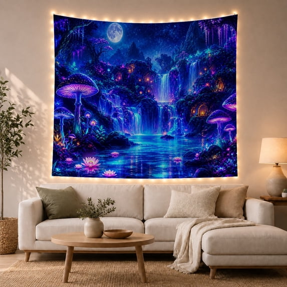 Vertically Oriented Mushroom With Forest At Night, Mystical Fantasy for Space Lovers, Galaxy Room Decor, Mother's Day Gift, Tapestry Wall Hanging for Bedroom and Dorm