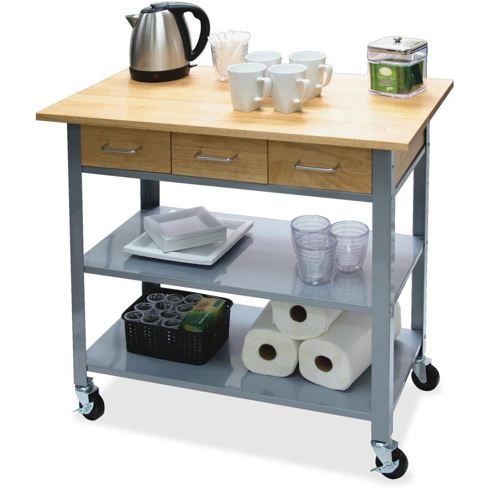 Oak and Gray Rolling Countertop Bar Cart with Drawers