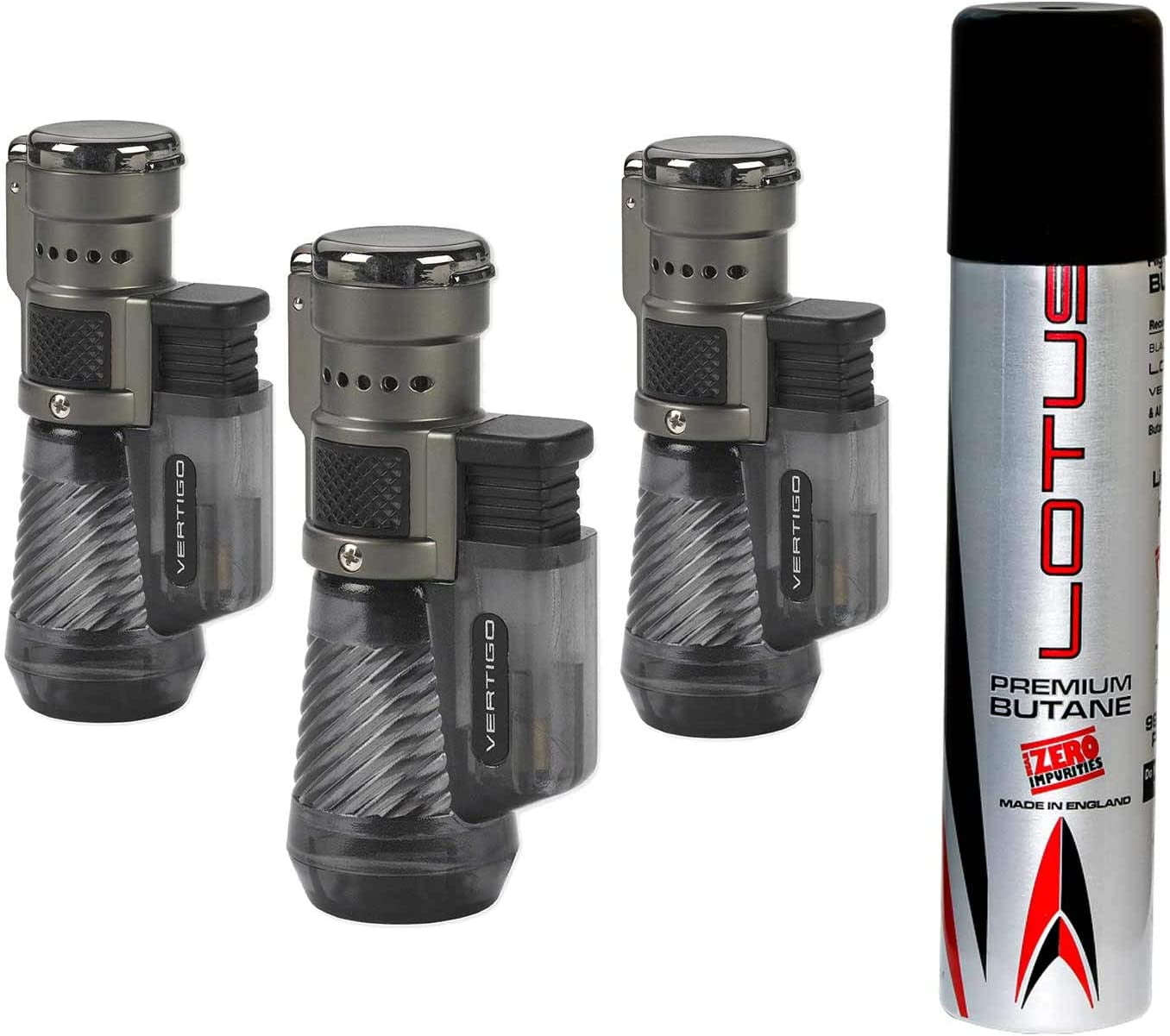 Vertigo Cyclone Triple Torch Cigar Lighter Charcoal 3 Pack Plus 1 Free Lotus 90ml Butane Can