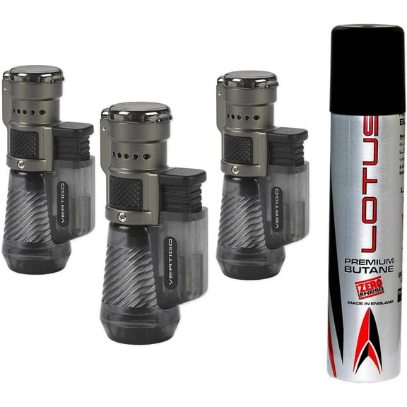 Vertigo Cyclone Triple Torch Cigar Lighter Charcoal 3 Pack Plus 1 Free Lotus 90ml Butane Can