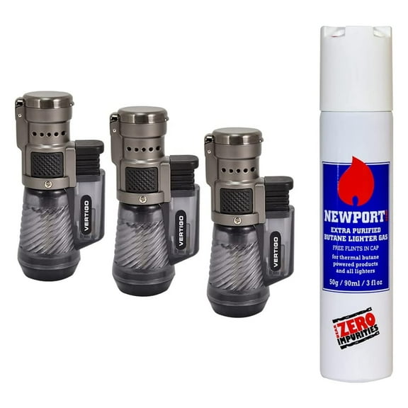 Vertigo Cyclone Triple Torch Cigar Lighter Charcoal 3 Pack Plus 1 Free Newport 90ml Butane Can