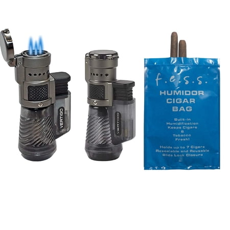 Vertigo by Lotus Cyclone Triple Torch Cigar Lighter Charcoal 2 Pack Plus Free FESS Cigar Humidor Bag
