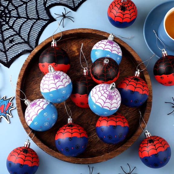 Vertintong 24 Pcs Spider Ball Ornaments 2.4" Blue Red Balls Foam Hanging Decoration Spider Web Cartoon Ball for Spiders Theme Birthday Party Supplies Y101
