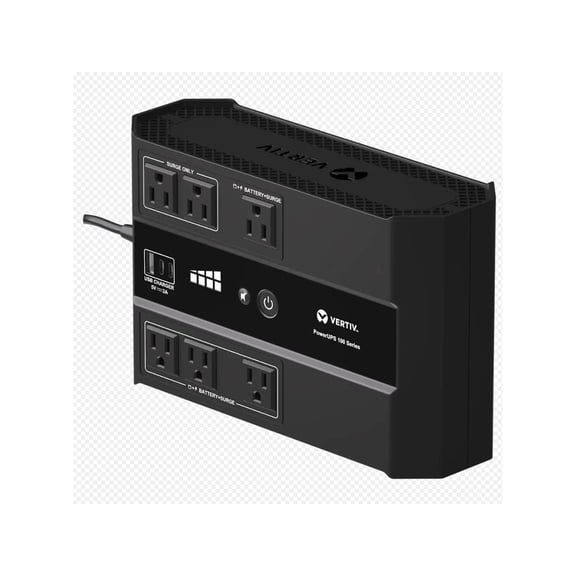 Vertiv PowerUPS 100 Standby VRLA UPS PST6-500LVMT, 500VA/305W, 120V, USB Charging, User-Replaceable Battery, 6 Outlets, Three-Year Warranty