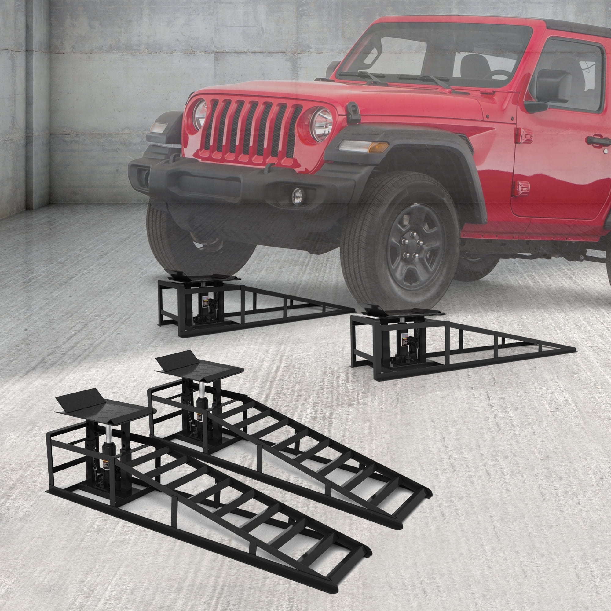 Vertlley 2Pcs Car Ramps with 5t/11050 lb, Heavy-Duty Steel Vehicle Ramps, Portable Car Lift , Built-in Hydraulic Jack, Black