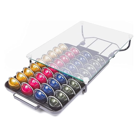Vertuo Pod Capsule Drawer - Glass Top Holder for 40/52 Pods - Compatible with Vertuoline Coffee Machines - Kitchen Counter Organizer