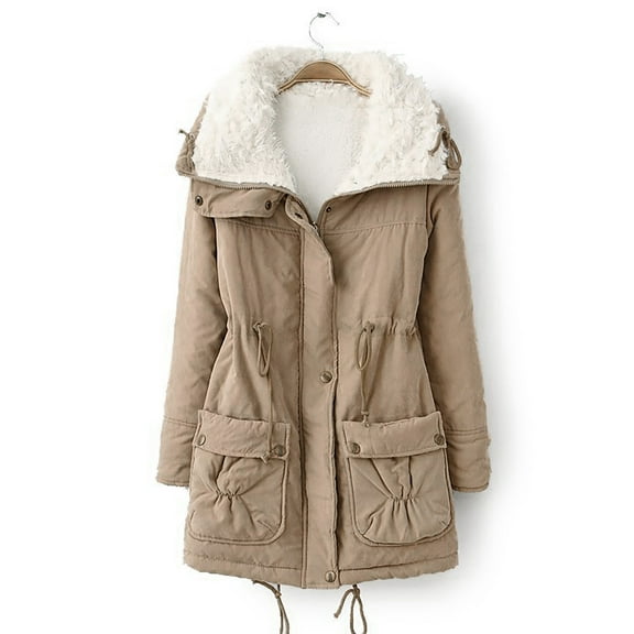 Verugu Winter Jackets for Women, Women's Oversized Winter Warm Coats, Women Buttons Long Sleeve Solid Pockets Coat Plus Fleece Overcoats Outwear Coats Khaki M