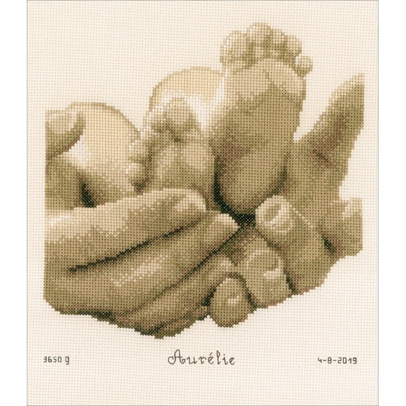 Vervaco Birth Record Counted Cross Stitch Kit 8.8"X9.2"-Baby Feet In Ecru (14 Count)