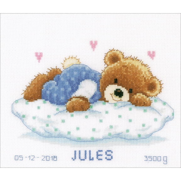 Vervaco Birth Record Counted Cross Stitch Kit 9.2"X7.2"-Snoozing Teddy Bear (14 Count)