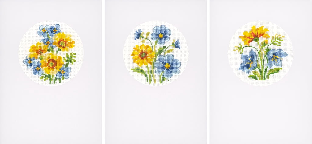 Vervaco Counted Cross Stitch Greeting Card Kit Blue and Yellow Flowers (Set of 3) 6″ x 4.2″