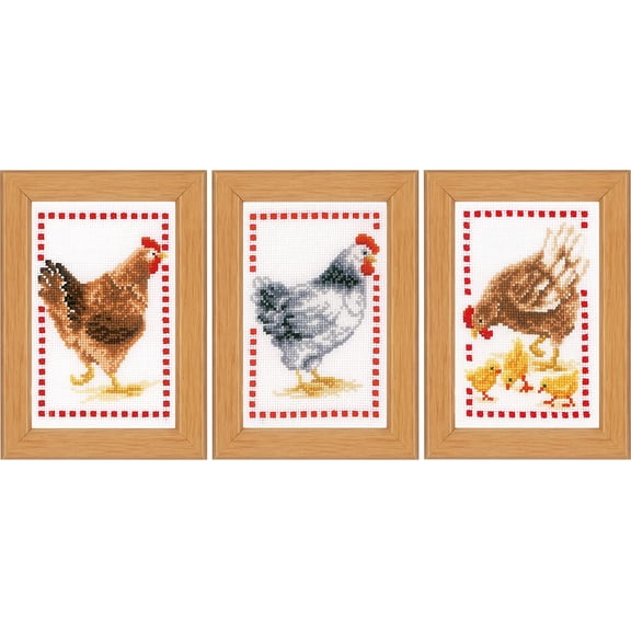 Vervaco Counted Cross Stitch Miniatures Kit 3.2"X4.8" 3/Pkg-Chickens (18 Count)