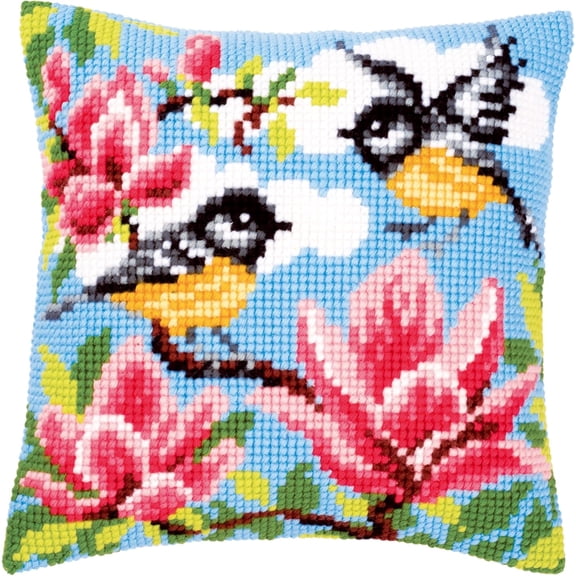Vervaco Cross Stitch Embroidery Kits Pillow Front for Self-Embroidery with Embroidery Pattern on 100% Cotton and Embroidery Thread, 15,75 x 15,75 Inches - 40 x 40 cm, Bird with Flowers