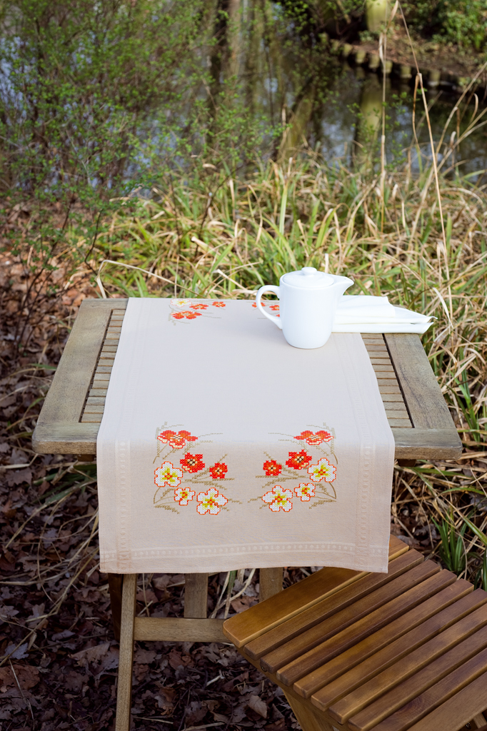 Vervaco Cross Stitch Table Runner Kit Poppies And Vanilla Flowers 16" x ...