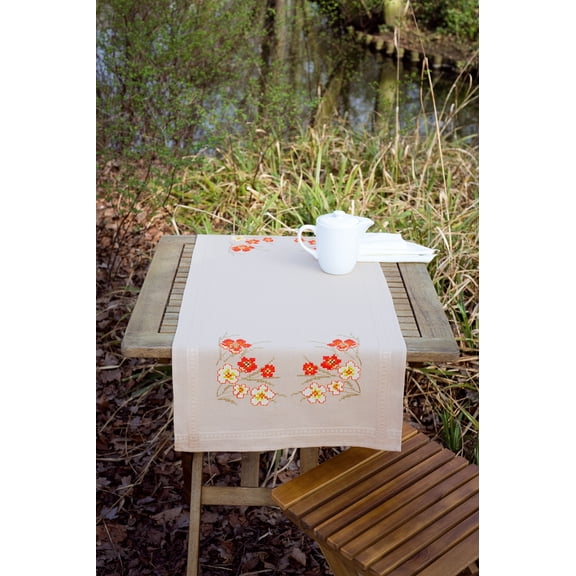 Vervaco Cross Stitch Table Runner Kit Poppies And Vanilla Flowers 16" x 40"