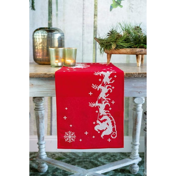 Vervaco Embroidery Christmas Embroidery Kits Cross Stitch Table Runner DIY Set, Tablecloth to Embroider with Image on Cotton and Embroidery Thread, 12 x 42 Inches, Sleigh
