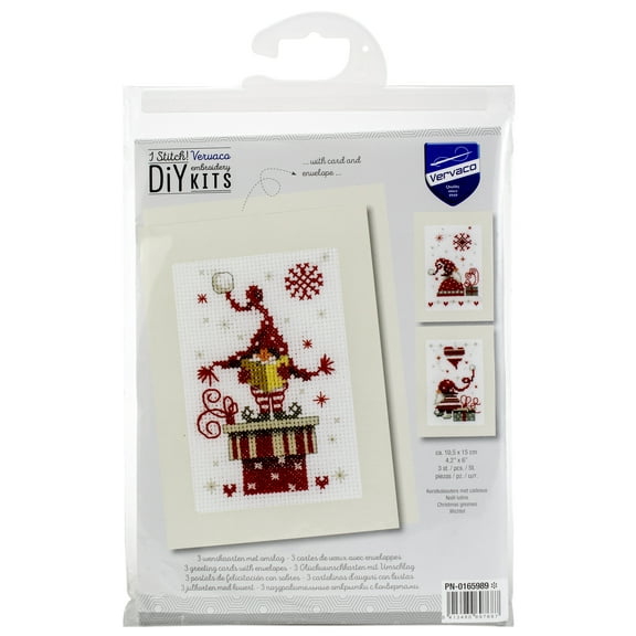 Vervaco Greeting Card Counted Cross Stitch Kit 4.25"X6"-Christmas Gnomes 3/Pkg (14 Count)