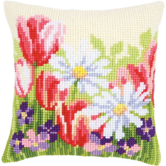 Vervaco Needlepoint Cushion Top Kit 16"X16"-Spring Flowers Stitched In Yarn