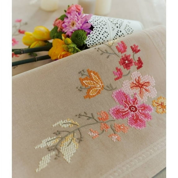 Vervaco Pink Flowers Table Runner Stamped Cross Stitch Kit, 16" x 40"