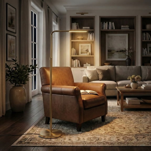 Verve Brassed Gold Floor Lamp with On/Off Switch, Adjustable LED Round Base, 63-Inch Tall, Modern Brass Metal Floor Lamp for Living Room