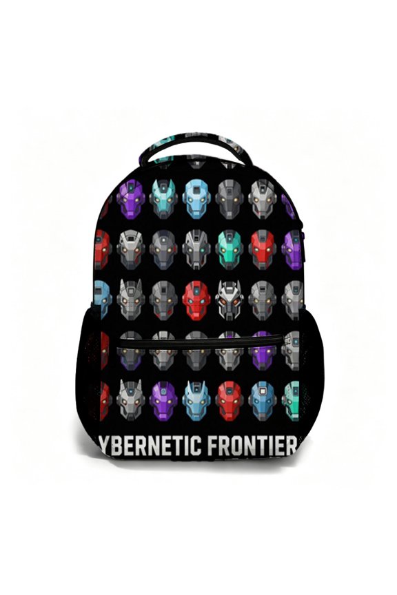 17 Inch All Over Print Student Backpack Cybernetic Robot Helmet Design Campus Daypack Travel Essentials Bag for Outdoor Use