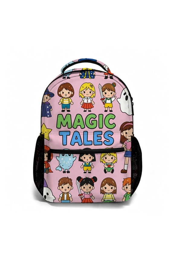 17 Inch All Over Print Student Backpack Magic Tales Cute Character Pink Multi-Purpose Daypack for Campus Travel Outdoor Use