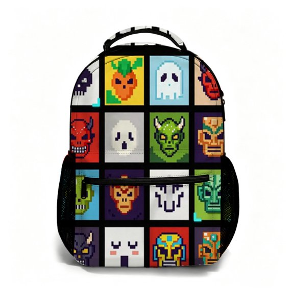 Verve & Co Shop 17 Inch All Over Print Student Backpack Pixel Art Monster Faces Bookbag Back to School Daypack for Daily Commute Travel Outdoor Use