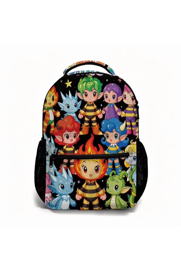 17 Inch All Over Print Student Backpack, Cosmic Joy Colorful Fantasy Character Pattern Daypack for Campus Commute, School Essentials, Travel and Outdoor Carry
