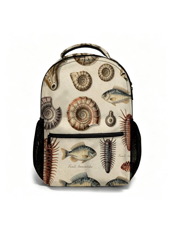 17 Inch All Over Print Student Backpack Fossil and Marine Life Pattern Bookbag Back to School Essential Daypack for Daily Campus Commute Multi Purpose Carry Bag for Travel Outdoor Use