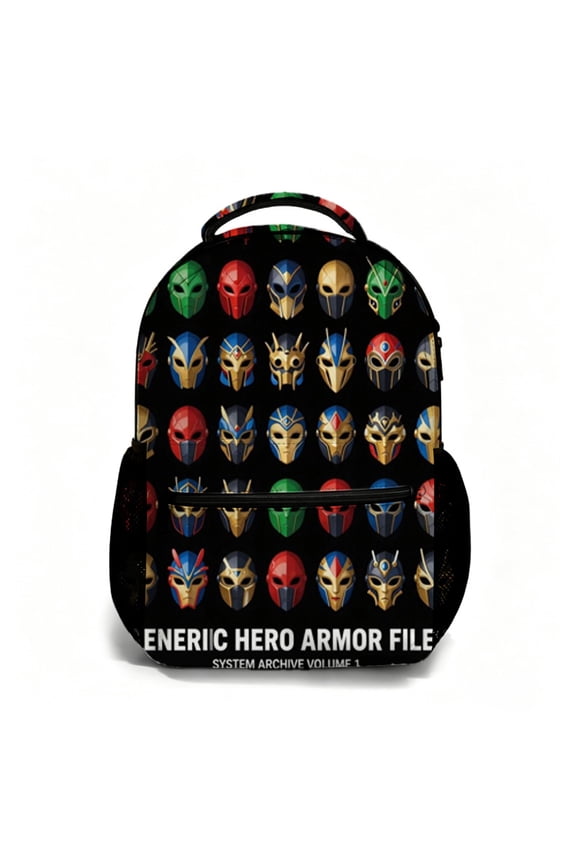 17 Inch All Over Print Student Backpack Generic Hero Armor File Design Bookbag Back to School Essential Daypack for Daily Campus Commute Multi Purpose Carry Bag for Travel Outdoor Use