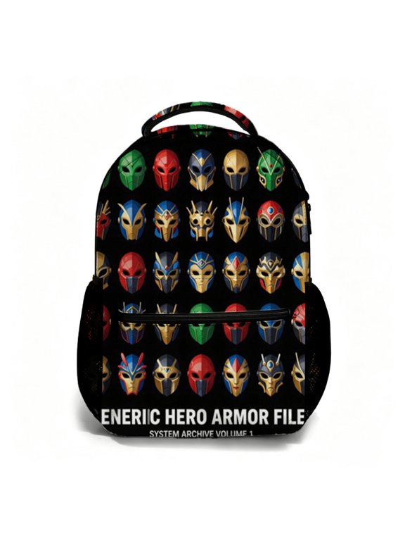 17 Inch All Over Print Student Backpack Generic Hero Armor File Design Bookbag Back to School Essential Daypack for Daily Campus Commute Multi Purpose Carry Bag for Travel Outdoor Use