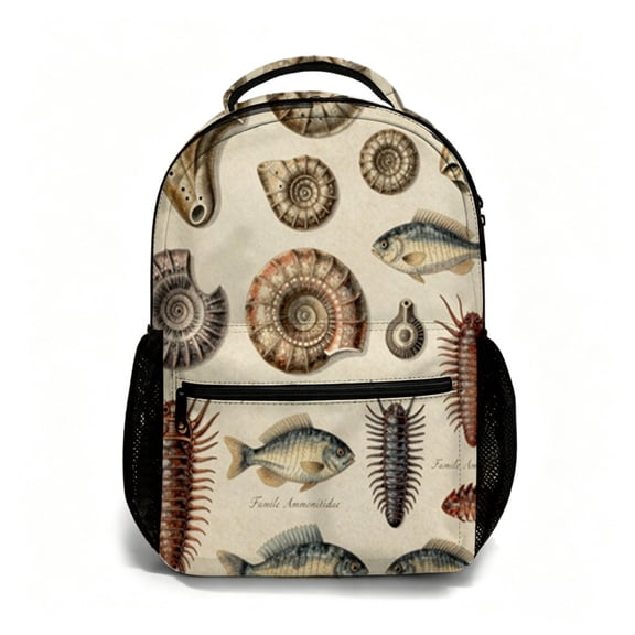 Verve & Co Shop 17 Inch All Over Print Student Backpack, Marine Fossil and Ancient Sea Life Pattern Daypack, Back to School Essential for Daily Campus Commute, Travel and Outdoor Carry Bag
