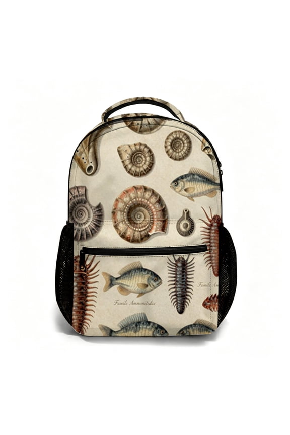 17 Inch All Over Print Student Backpack, Marine Fossil and Ancient Sea Life Pattern Daypack, Back to School Essential for Daily Campus Commute, Travel and Outdoor Carry Bag