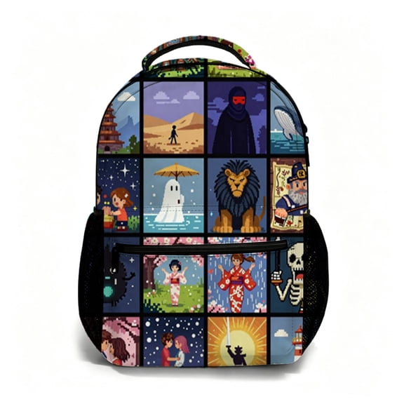 Verve & Co Shop 17 Inch All Over Print Student Backpack, Pixel Art Adventure Theme Bookbag, Back to School Essential for Campus Commute, Daily Travel and Outdoor Carry