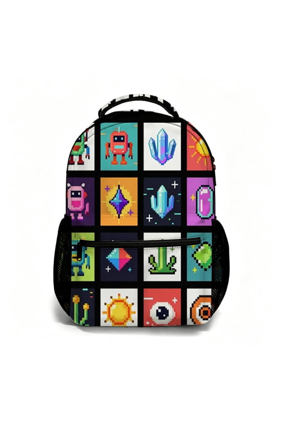 17 Inch All Over Print Student Backpack Pixel Art Design Retro Robot Crystal Pattern School Daypack Multi-Purpose Bag for Travel and Outdoor Use