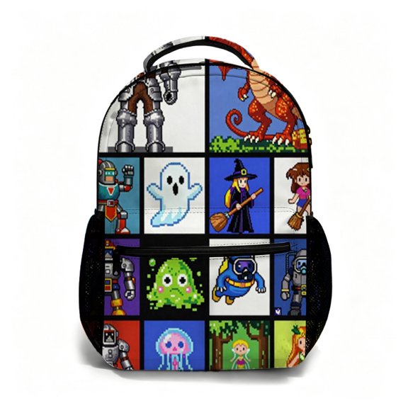 Verve & Co Shop 17 Inch All Over Print Student Backpack, Pixel Art Fantasy Character Bookbag, Back to School Essential Daypack for Daily Commute, Multi Purpose Carry Bag for Travel and Outdoor Use