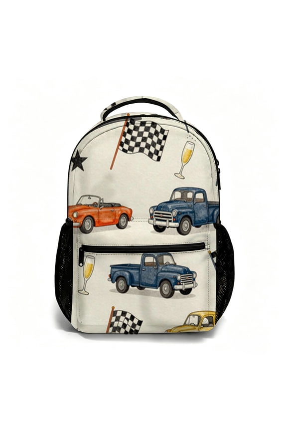 17 Inch All Over Print Student Backpack, Retro Racing Car Checkered Flag Bookbag, Back to School Commute Daypack for Campus, Travel and Daily Carry