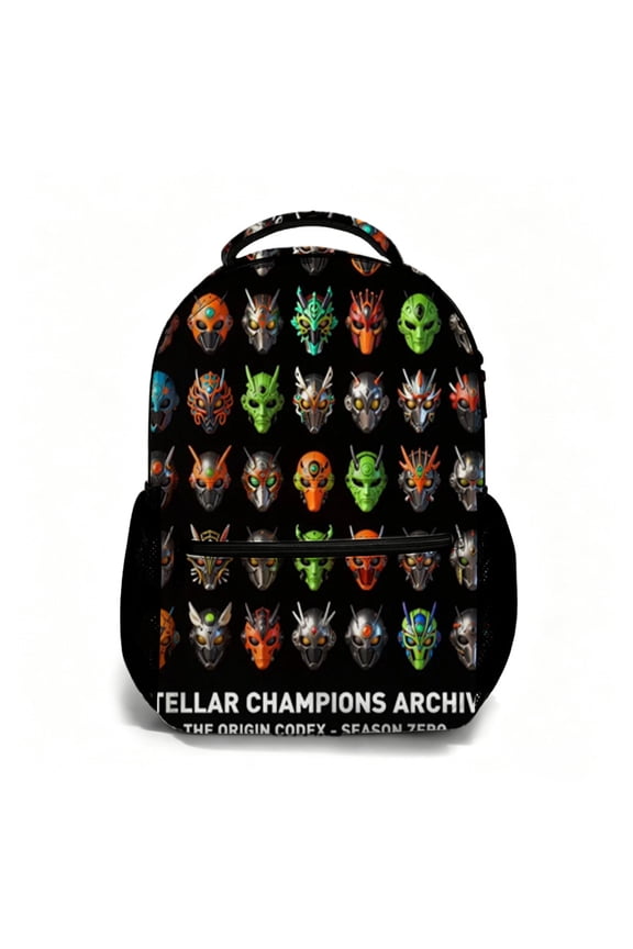 17 Inch All Over Print Student Backpack, Stellar Champions Mask Graphic Bookbag, Back to School Essential Daypack for Daily Commute, Travel and Outdoor Carry Bag