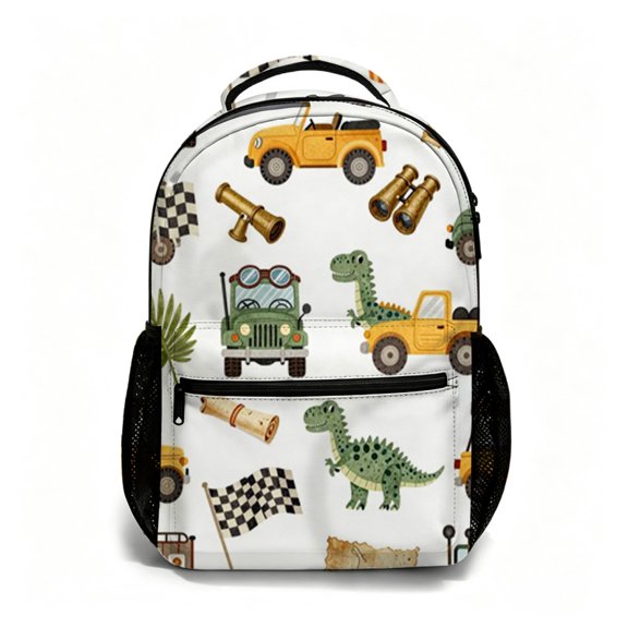 Verve & Co Shop 17 Inch All Over Print Student Backpack, Vintage Jeep and Dino Racing Pattern Bookbag, Back to School Commute Daypack for Daily Use and Travel