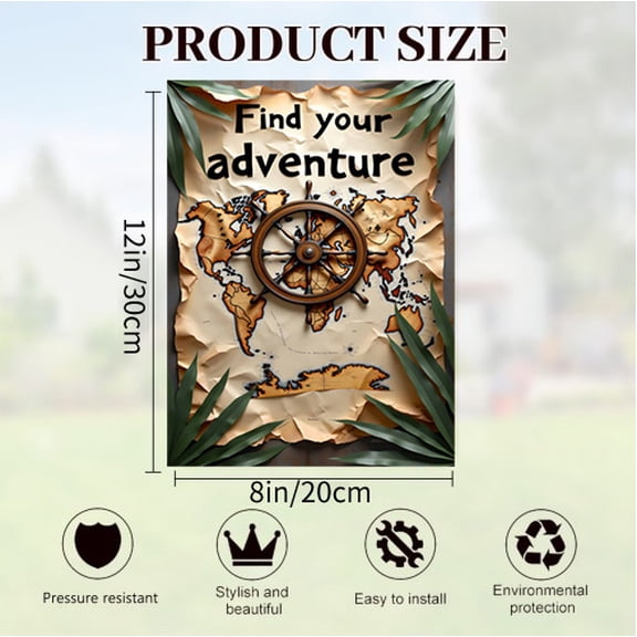 Verve & Co Shop Adventure - themed Tin Sign, World Map Tin Sign for Travel Decor, Vintage Metal Wall Art for Adventure Lovers, 12 x 8 Inches