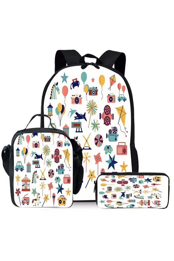 Amusement Park Theme Cartoon Pattern Backpacks for Unisex, Lightweight Bookbag Water Resistant with Lunch Pack and Pencil Bag 3 in 1