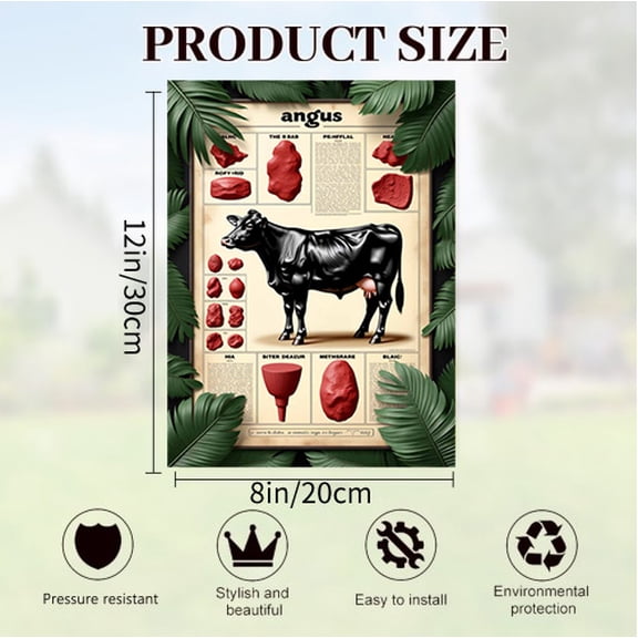 Verve & Co Shop Angus Beef Cut Chart Tin Sign, Farmhouse Decorative Sign for Kitchen and Dining Room, Rustic Metal Tin Sign for Steak - Lovers, 12 x 8 Inches Indoor Wall Decor