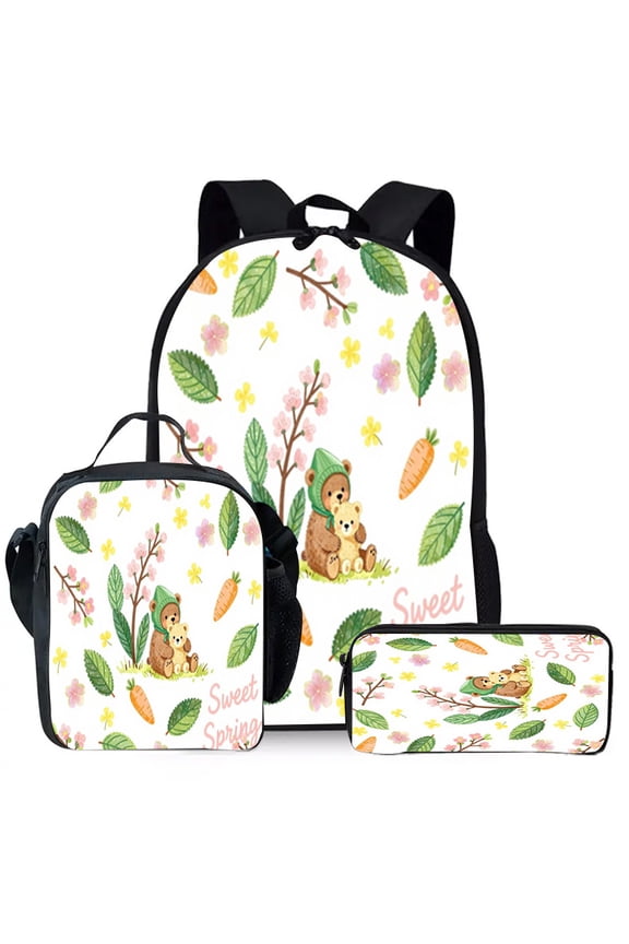 Bear - Inspired Whimsical Cartoon Pattern Backpack Sets for Unisex, Light - weight Water - Resistant Bookbag with Lunch Bag and Pencil Pouch 3 in 1