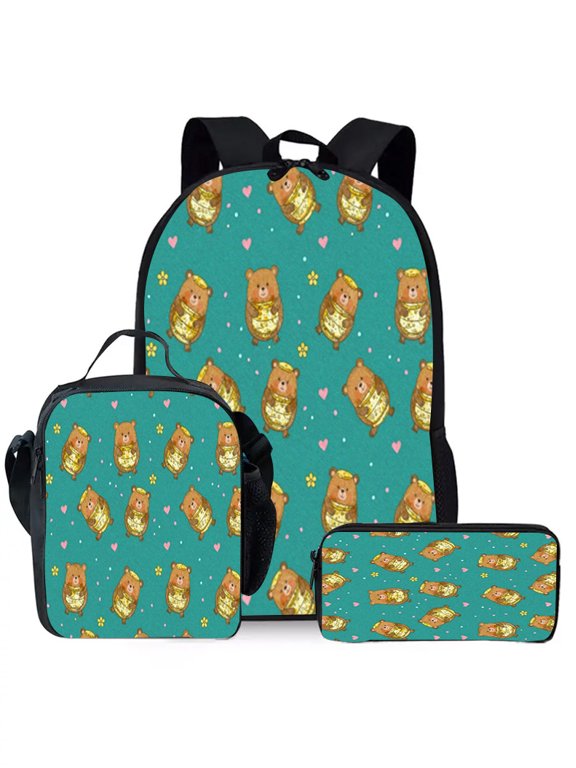 Bear - inspired Whimsical Cartoon Print Backpacks for All Genders, Lightweight Schoolbag with Water - resistant Feature and Lunch Bag & Pencil Case 3 - in - 1