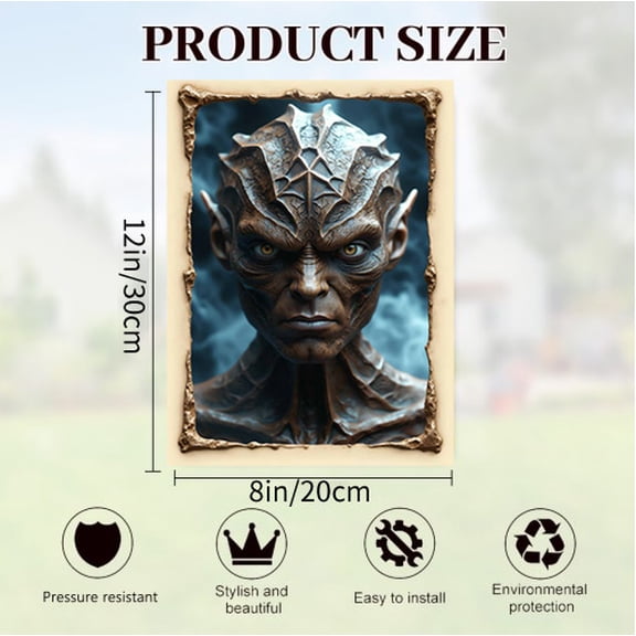 Verve & Co Shop Exotic Alien Portrait Tin Sign, Sci - Fi Decor for Man Cave and Home Decor, Vintage Metal Tin Sign for Unique Wall Art, 12 x 8 Inches